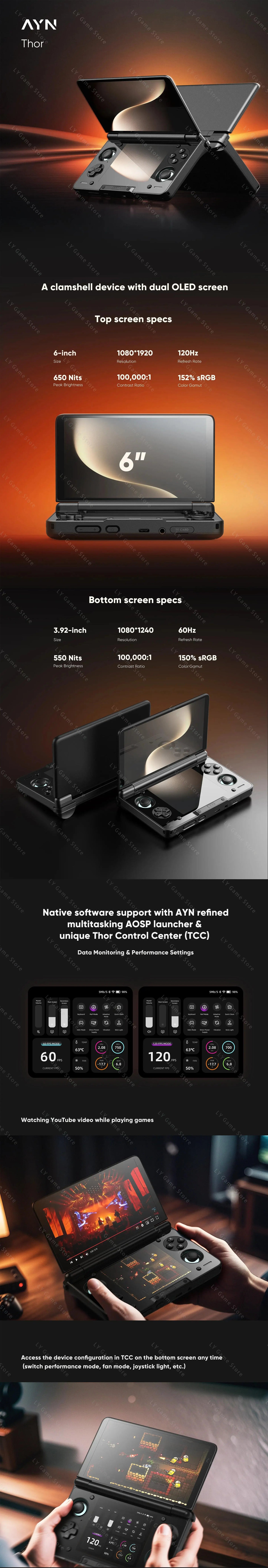 Thor 6” Handheld Gaming Console Dual OLED Screens Powered by Qualcomm Snapdragon CPU and Android 13, with a 6000mAh battery and hall stick controls for an immersive gaming experience on the go.