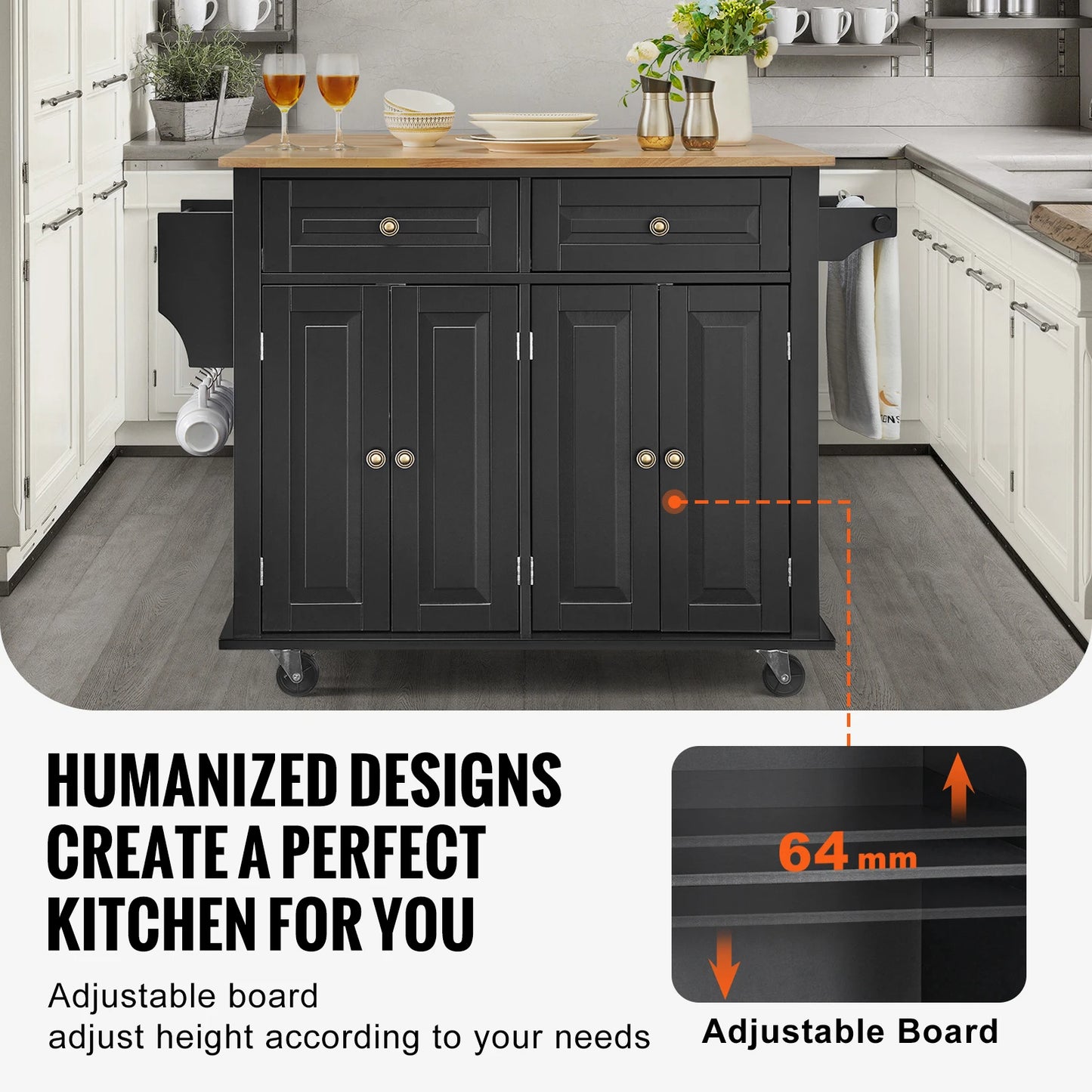 SucceBuy 43" Kitchen Island Cart Wood Top Mobile Carts with Storage Cabinet Rolling Table with Drop Leaf Spice Rack Towel Bar