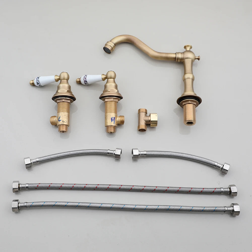 Bathroom Basin Faucet Set – Double-Handle Deck-Mounted
Includes 3-piece brass and chrome taps for hot and cold water. Stylish and durable mixer faucet set for bathtubs and sinks.