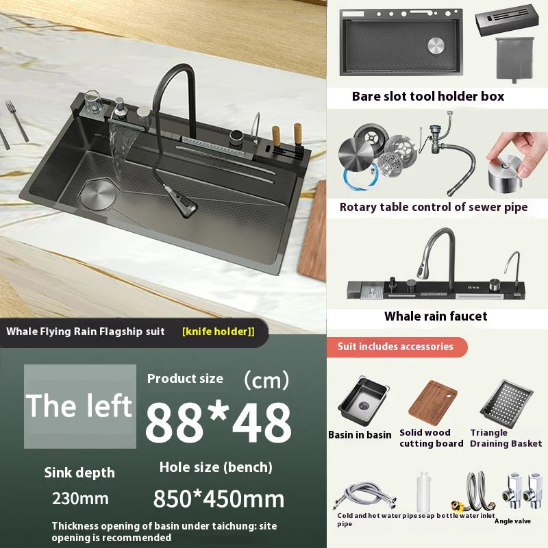 Extra Large Stainless Steel Waterfall Kitchen Sink Embossed Single Solt Digital Display Multifunctional Dishwashing Sink