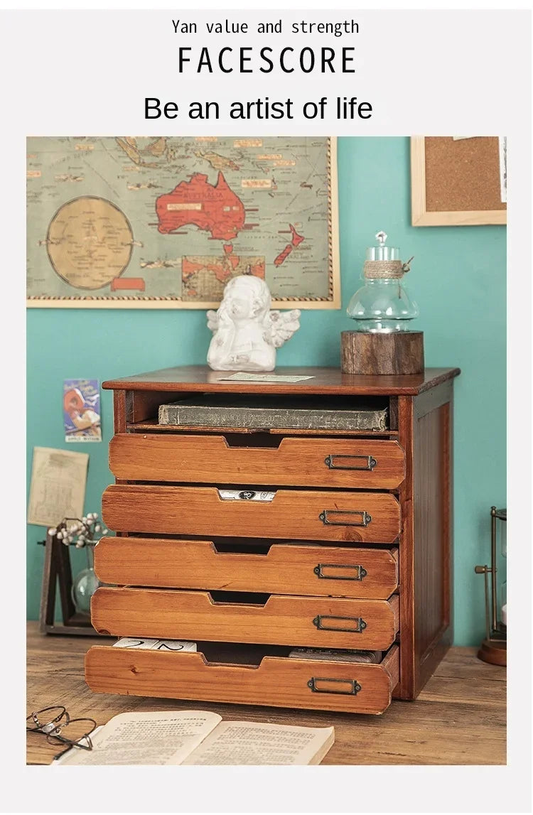 Retro Wooden File Storage Box Office Jewelry Box A4 File Drawers Desktop Sorting Cabinet For Dressing Table Functional Organizer