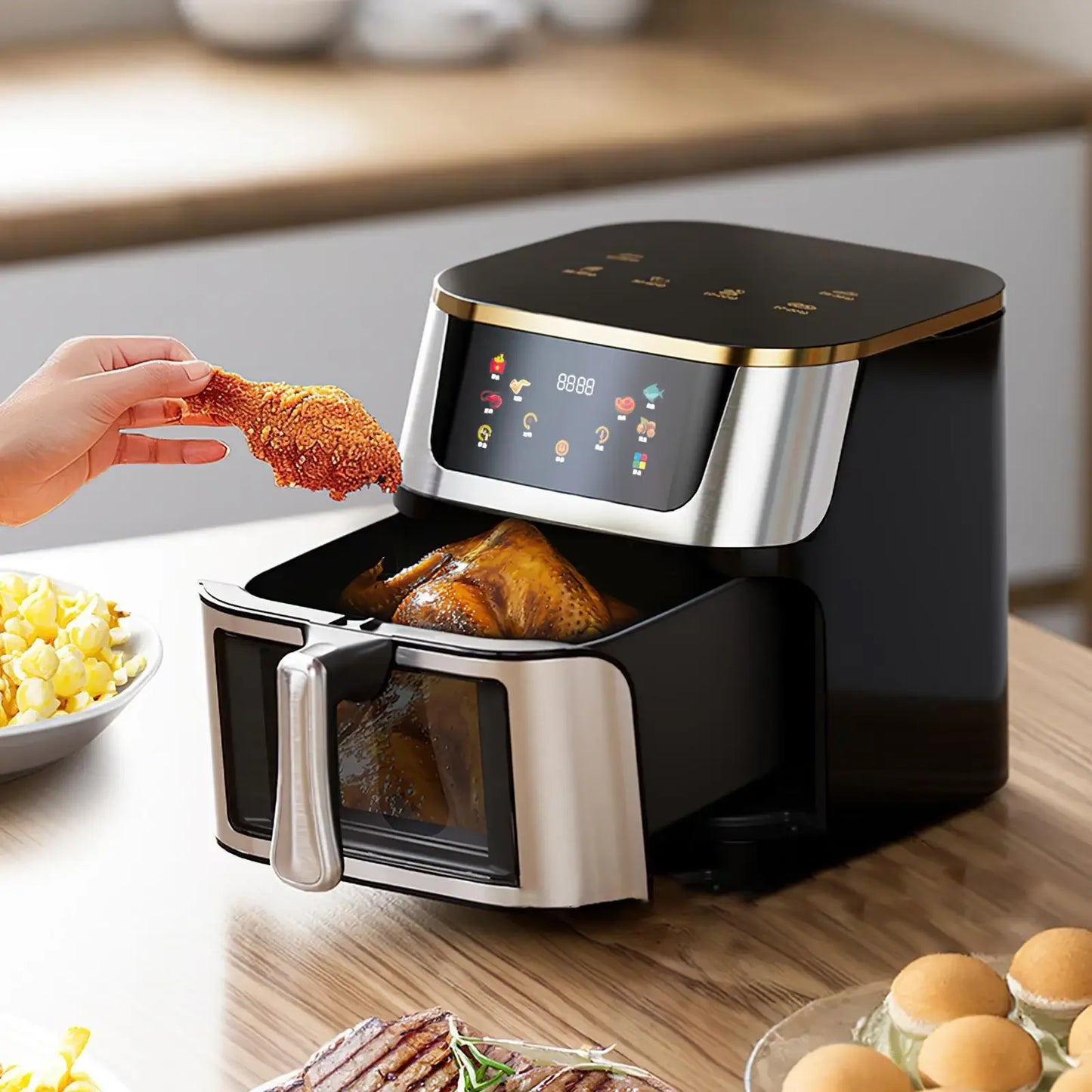 8L Stainless Steel Visible Large Capacity Electric Air Fryer, Multi-function Air Oven, LED Touch Screen,210 ° High Temperature
