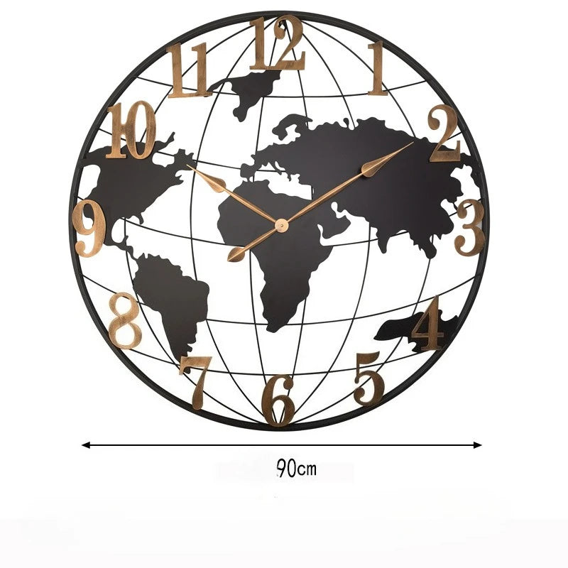 Round Silent Non-Ticking Battery Operated Wall Clocks 60/75/90cm Large Map Wall Clock Metal Minimalist Clock for Living Room