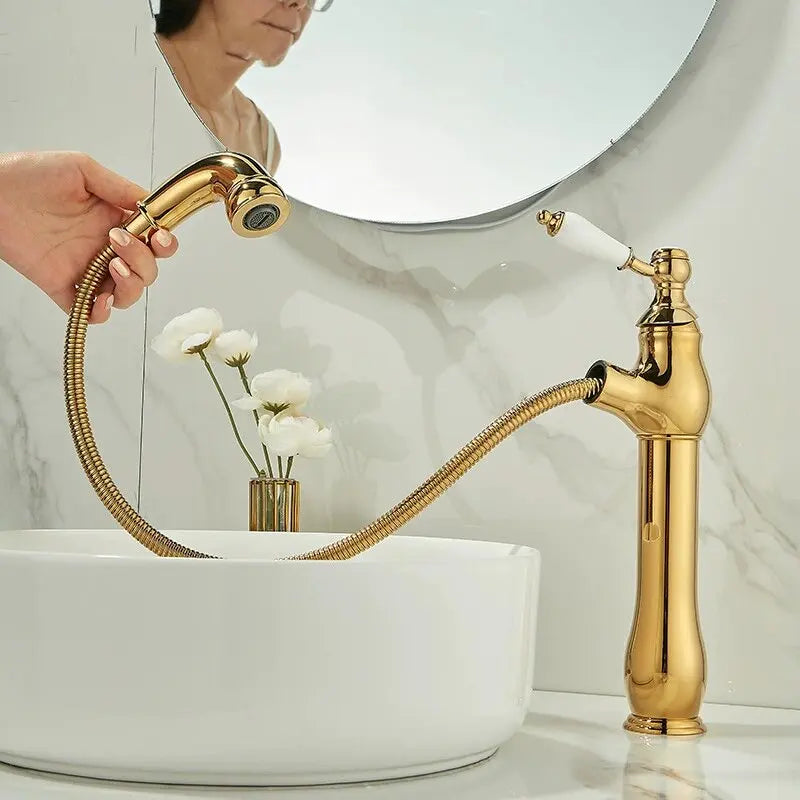 Pull-Out Ceramic Handle Basin Faucet Brass pull-out mixer tap with ceramic handles. Smooth operation, modern design, easy to clean.
Perfect for bathroom sinks, washbasins, or vanities.
