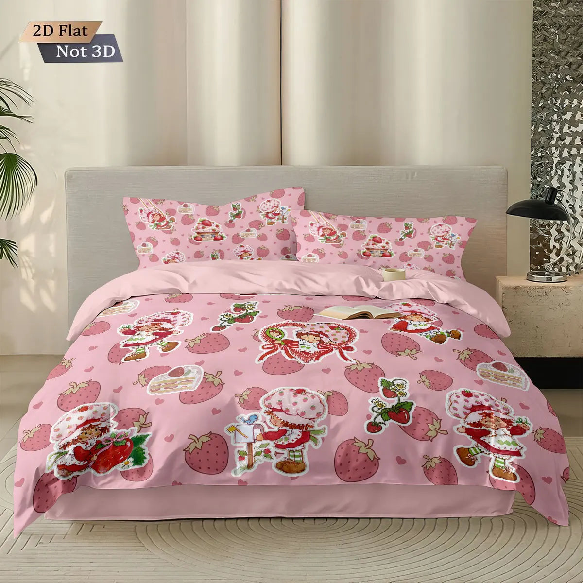 3pcs Pink Strawberry Girl Printed Down Duvet Cover Set, Multi Size Bedroom Bedding Decoration, Machine Washable