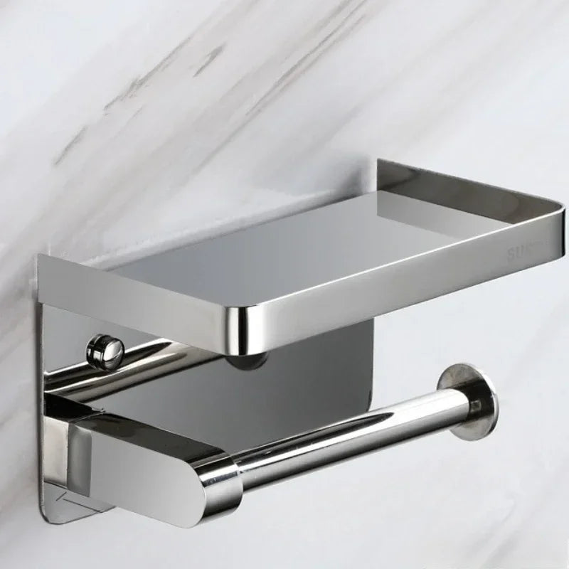 Toilet paper rack 304 stainless steel tissue holder, mobile phone rack, non-punching bathroom roll holder