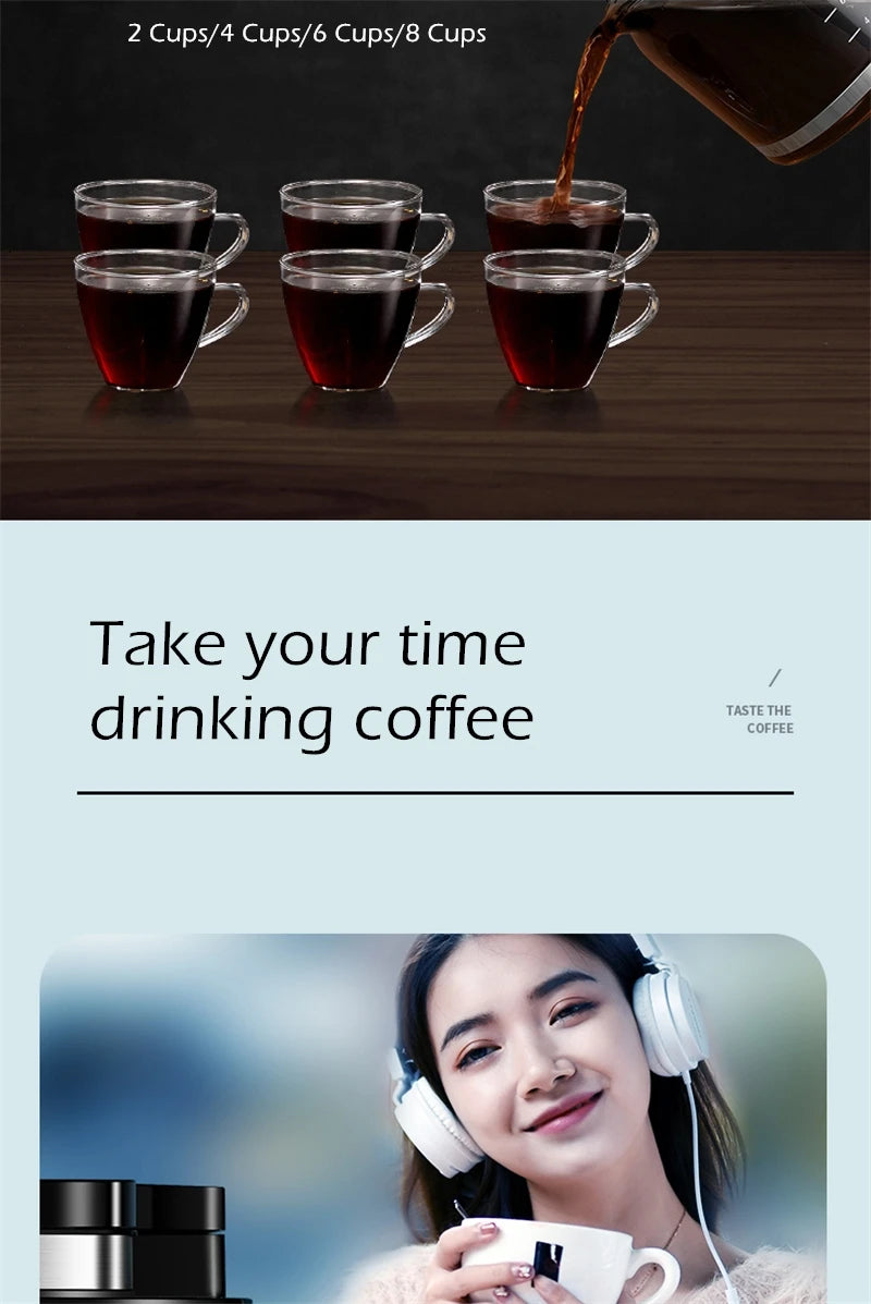 Fully automatic American coffee machine，Coffee beans or powder can be used，Electric grinding drip coffee machine 2-in-1
