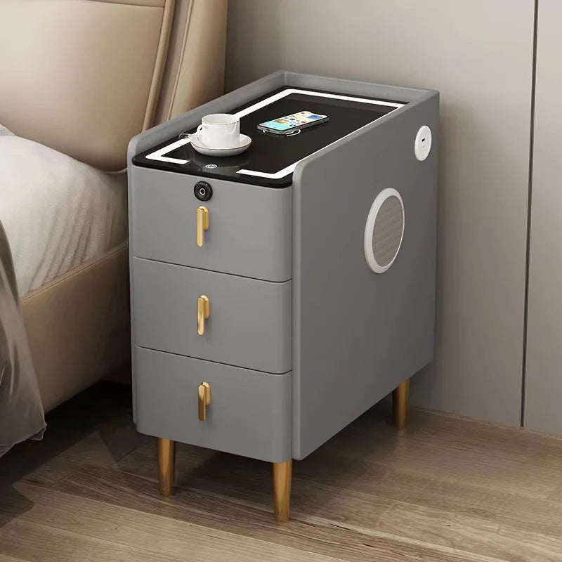 Smart Bedside Table, Solid Wood with Faux Leather Features 3 drawers, wireless charging, and side storage. Stylish and functional nightstand for modern bedrooms.