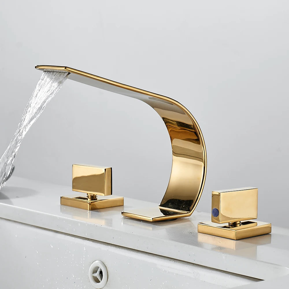 BAKALA 3 Pieces Brush And Gold Deck Mounted Waterfall Wide Spout Double Handles Bath Bathtub Faucet Bathroom Mixer Tap