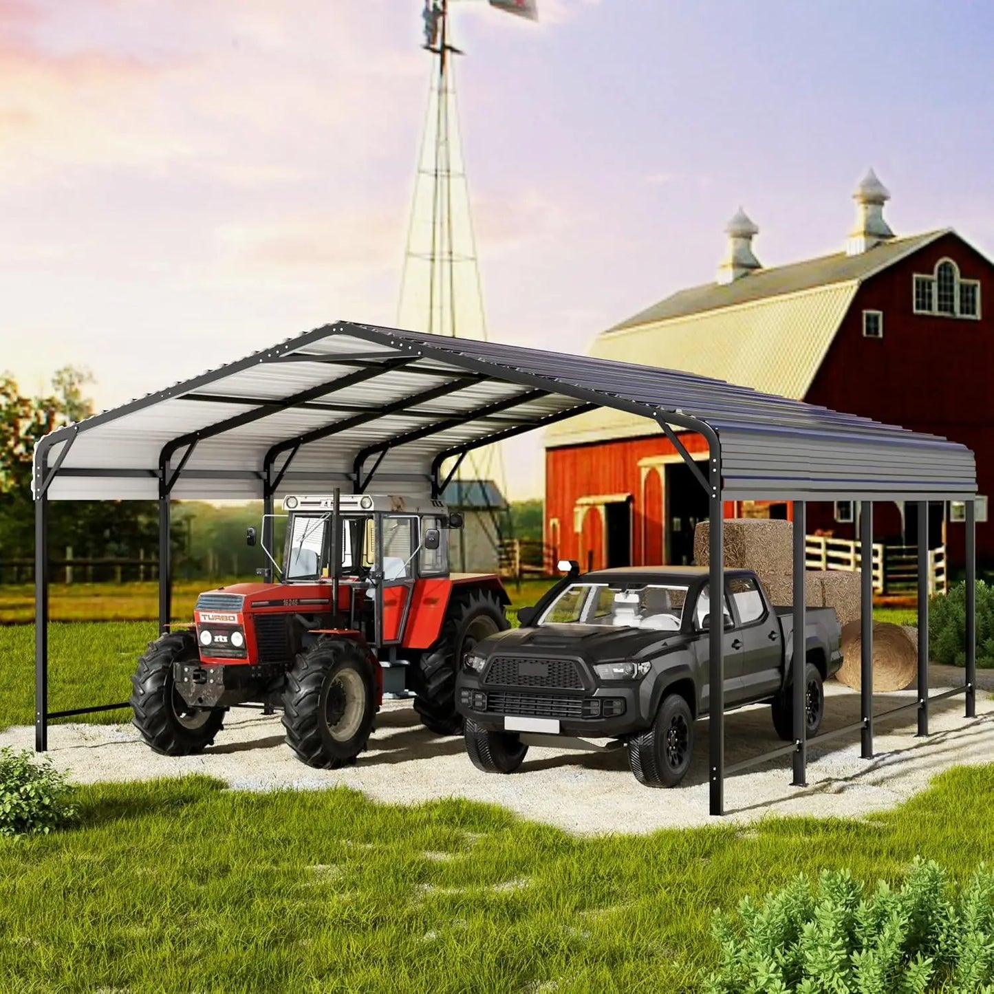 10x15 Metal Carport with Reinforced Base, Heavy Duty Garage, Outdoor Galvanized Carport for Cars, Boats and Trucks