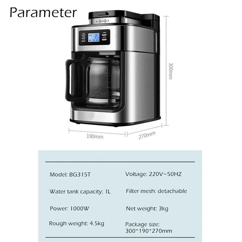 Fully automatic American coffee machine，Coffee beans or powder can be used，Electric grinding drip coffee machine 2-in-1