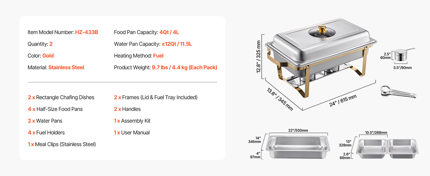 VEVOR 2/4 Pack Chafing Dish Buffet Set Stainless Steel Chafer with Half Size Pans Rectangle Catering Warmer for Party Banquet
