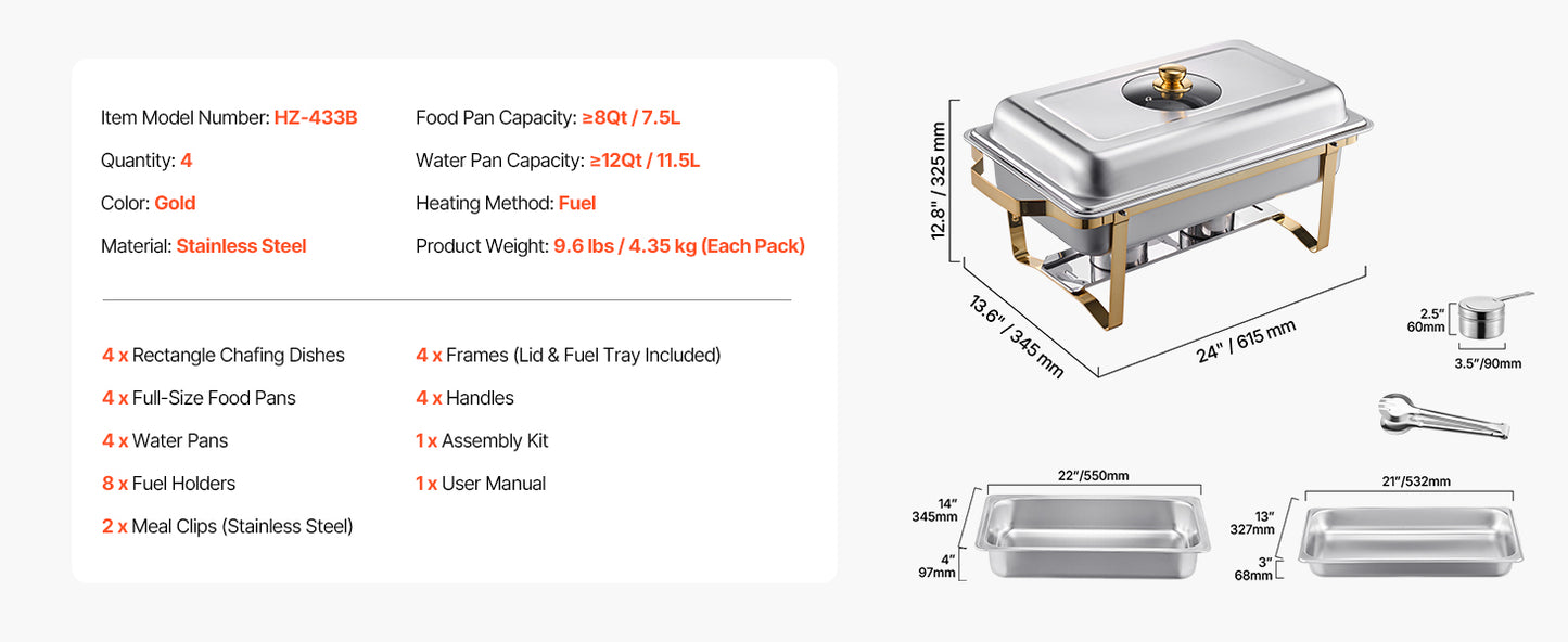 VEVOR 2/4 Pack Chafing Dish Buffet Set Stainless Steel Chafer with Half Size Pans Rectangle Catering Warmer for Party Banquet