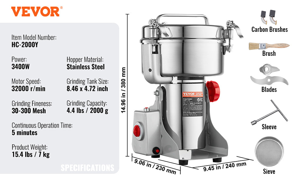 SucceBuy 150-2500g Electric Grain Mill Grinder Commercial Swing Spice Grinders for Dry Herbs Grains Spices Cereals Coffee Corn