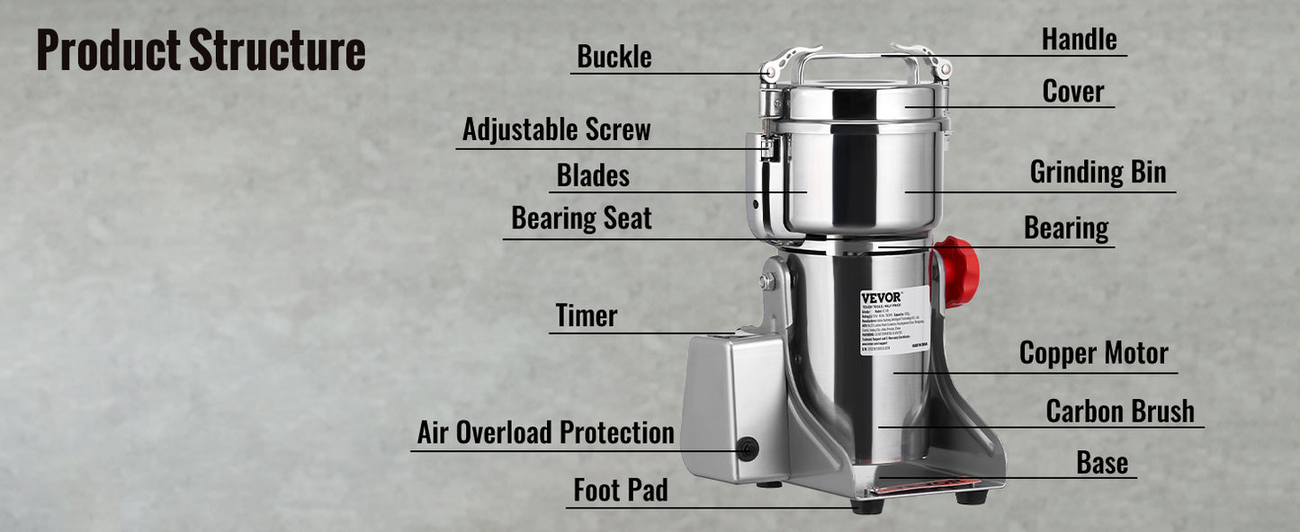 SucceBuy 150-2500g Electric Grain Mill Grinder Commercial Swing Spice Grinders for Dry Herbs Grains Spices Cereals Coffee Corn