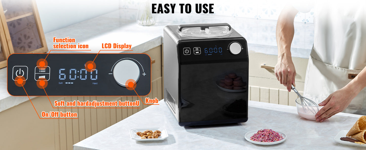 SucceBuy Upright Automatic Ice Cream Maker with Built-in Compressor 2 Quart No Pre-freezing Fruit Yogurt Machine 4 Modes