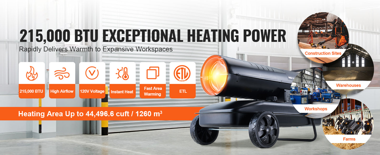 Portable Forced Air Diesel Heater – Torpedo Style Heavy-duty, energy-efficient space heater with thermostat and fuel tank. Ideal for garages, workshops, and outdoor heating.