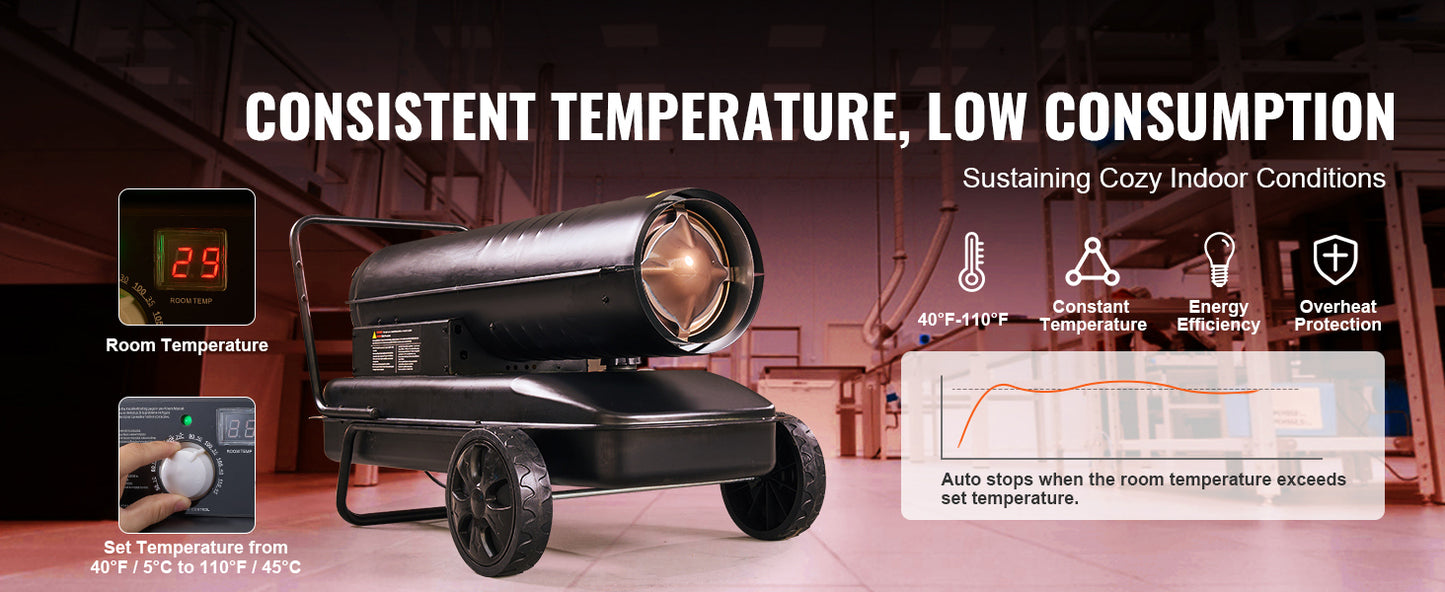 Portable Forced Air Diesel Heater – Torpedo Style Heavy-duty, energy-efficient space heater with thermostat and fuel tank. Ideal for garages, workshops, and outdoor heating.