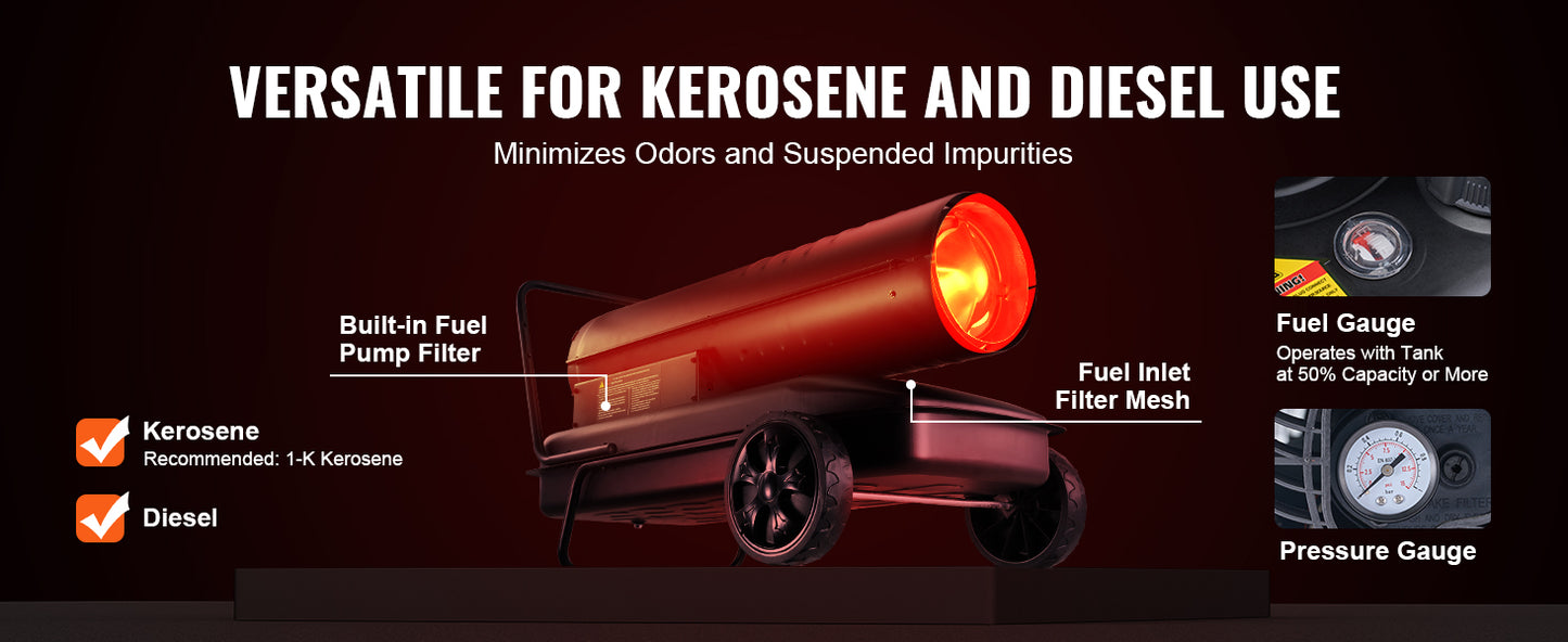 Portable Forced Air Diesel Heater – Torpedo Style Heavy-duty, energy-efficient space heater with thermostat and fuel tank. Ideal for garages, workshops, and outdoor heating.