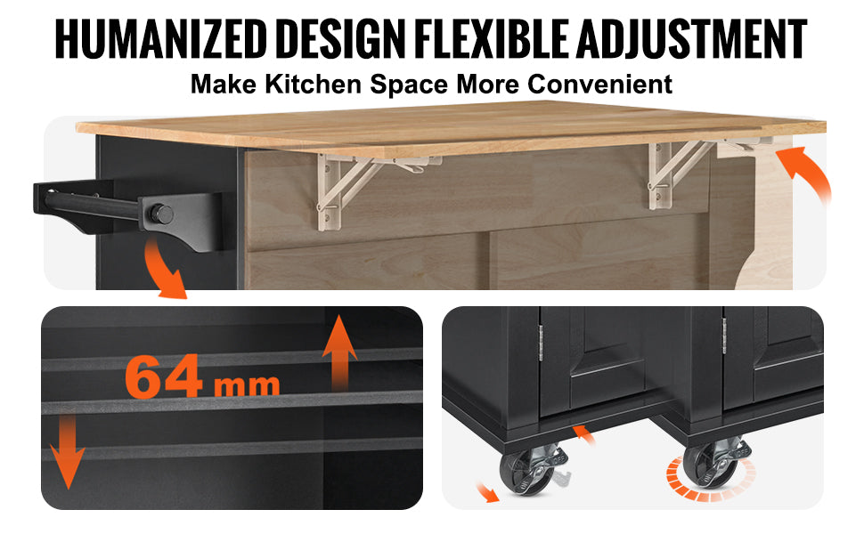 SucceBuy 43" Kitchen Island Cart Wood Top Mobile Carts with Storage Cabinet Rolling Table with Drop Leaf Spice Rack Towel Bar