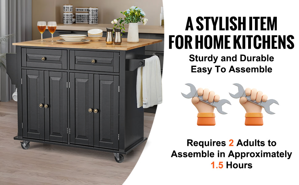 SucceBuy 43" Kitchen Island Cart Wood Top Mobile Carts with Storage Cabinet Rolling Table with Drop Leaf Spice Rack Towel Bar