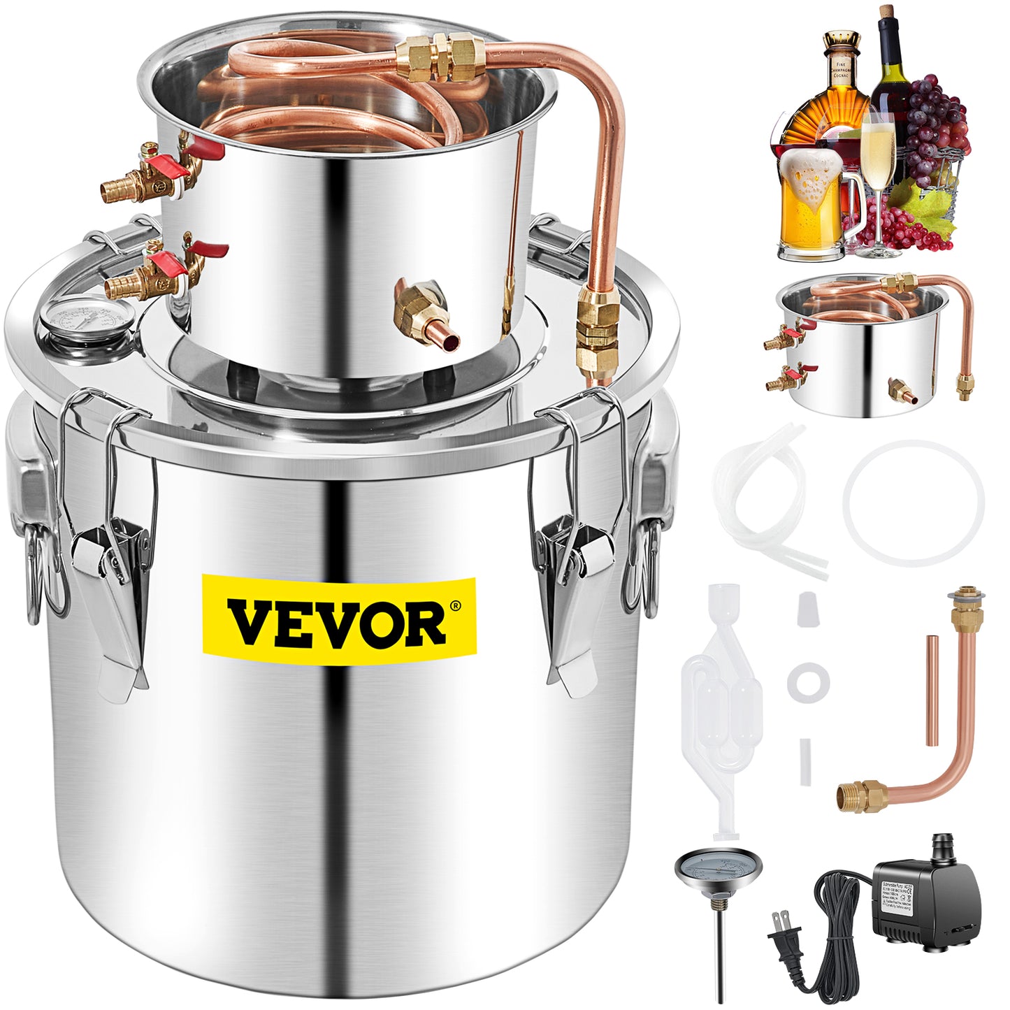 SuceBuy 50L Moonshine Still Alcohol Distiller w/ Water Pump Stainless Copper DIY Brew Ethanol Wine Essential Oil Brewing Kit