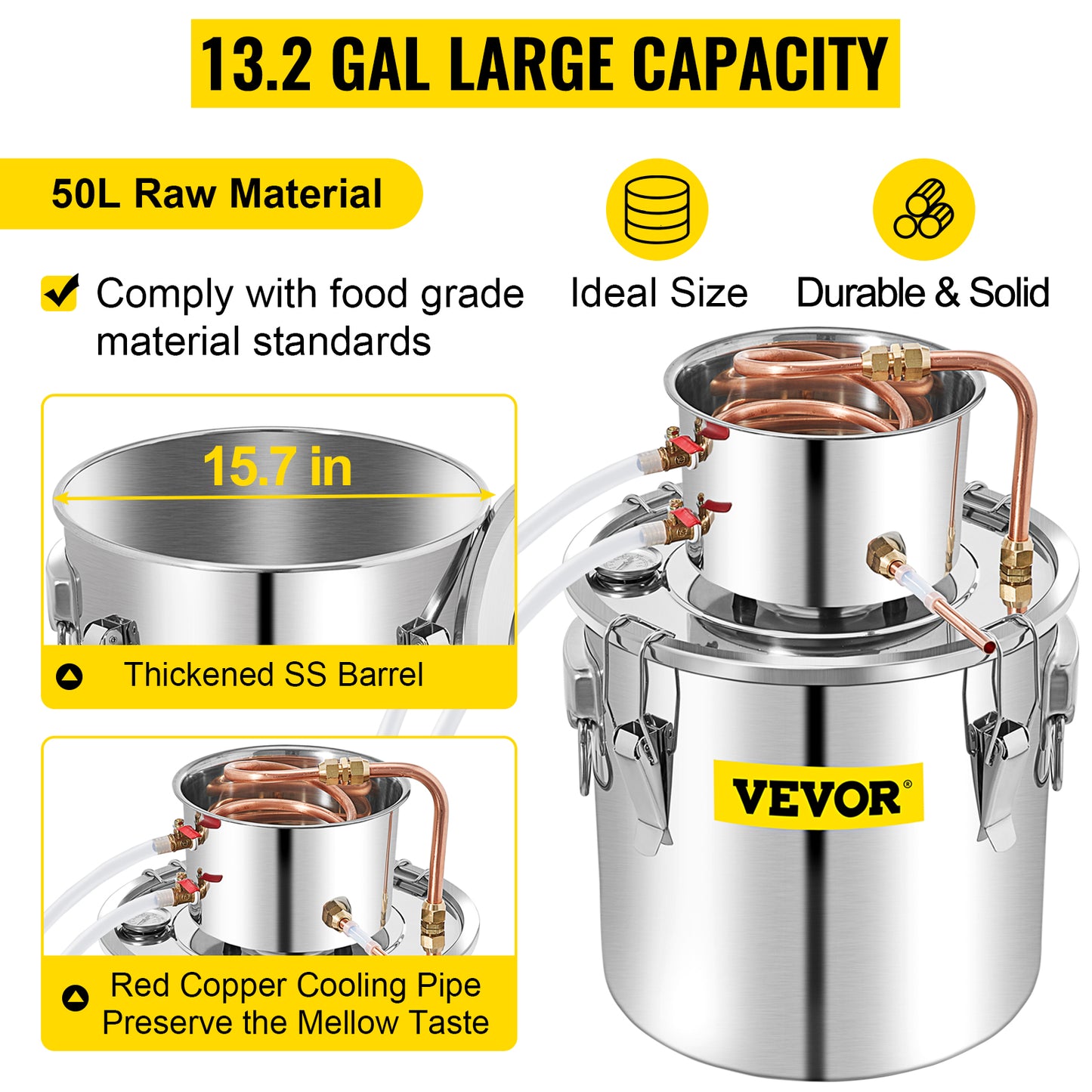 SuceBuy 50L Moonshine Still Alcohol Distiller w/ Water Pump Stainless Copper DIY Brew Ethanol Wine Essential Oil Brewing Kit