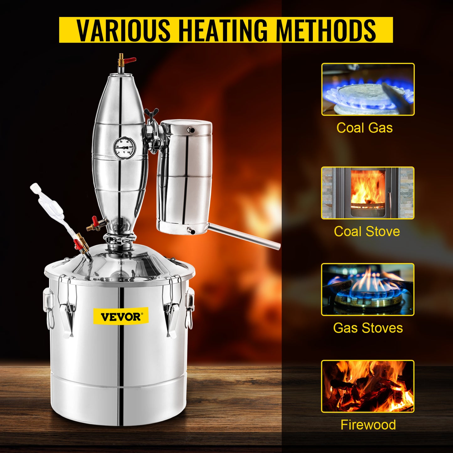 SucceBuy 50L 13.2Gal Water Alcohol Distiller 304 Stainless Steel Alcohol Still Wine Making Boiler Home Kit with Thermometer