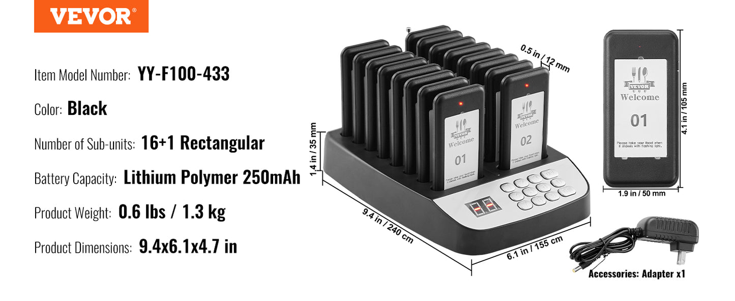 VEVOR 16pcs Restaurant Pager System Wireless 500m Long Range Lineup Waiting Queue Signal Guest Customer Calling Beepers