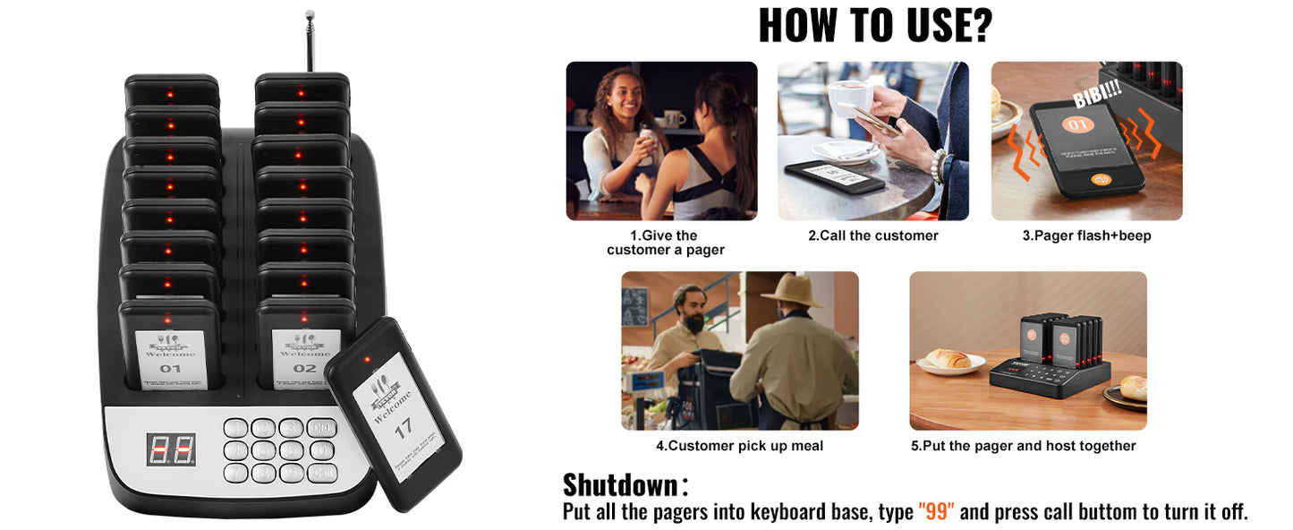 VEVOR 16pcs Restaurant Pager System Wireless 500m Long Range Lineup Waiting Queue Signal Guest Customer Calling Beepers