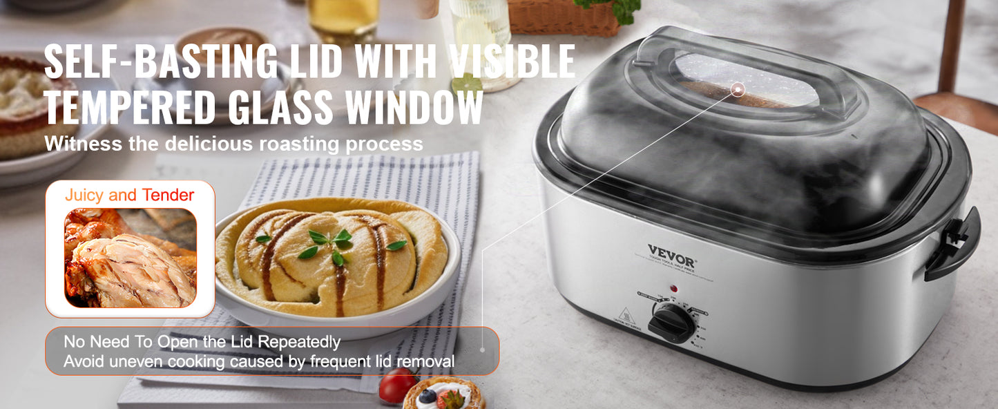 SucceBuy Electric Roaster Oven 24 QT Turkey Roaster Oven with Self-Basting Lid 1450W Roaster Oven Defrost&Warm Function Silver