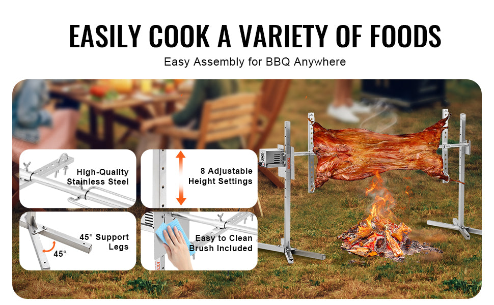 SucceBuy 46 Inch Electric BBQ Rotisserie Grill Kit Automatic 52W Motor Height Adjustable Universal Roaster Stand