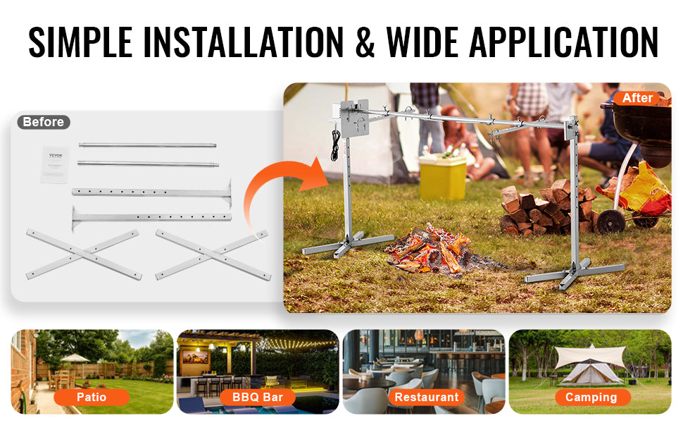 SucceBuy 46 Inch Electric BBQ Rotisserie Grill Kit Automatic 52W Motor Height Adjustable Universal Roaster Stand