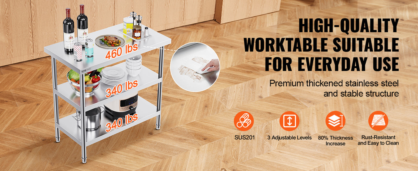 SucceBuy Stainless Steel Food Prep Table Commercial Kitchen Worktable with 2 Adjustable Undershelf for BBQ Kitchen Home Garage