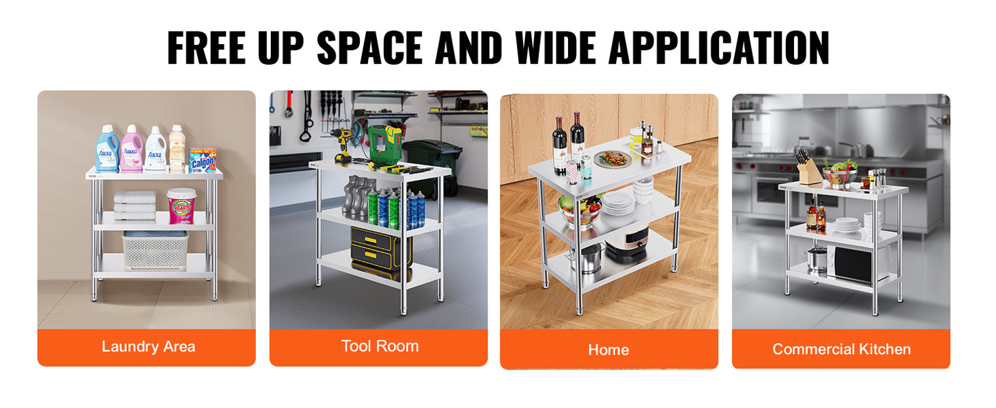 SucceBuy Stainless Steel Food Prep Table Commercial Kitchen Worktable with 2 Adjustable Undershelf for BBQ Kitchen Home Garage