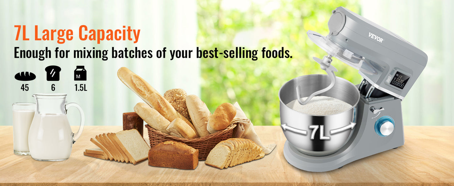 SucceBuy 5 IN 1 Stand Mixer Multifunctional Electric Mixer with 6 Speeds LCD Screen Timing 7.4 Qt Stainless Bowl Dough Hook