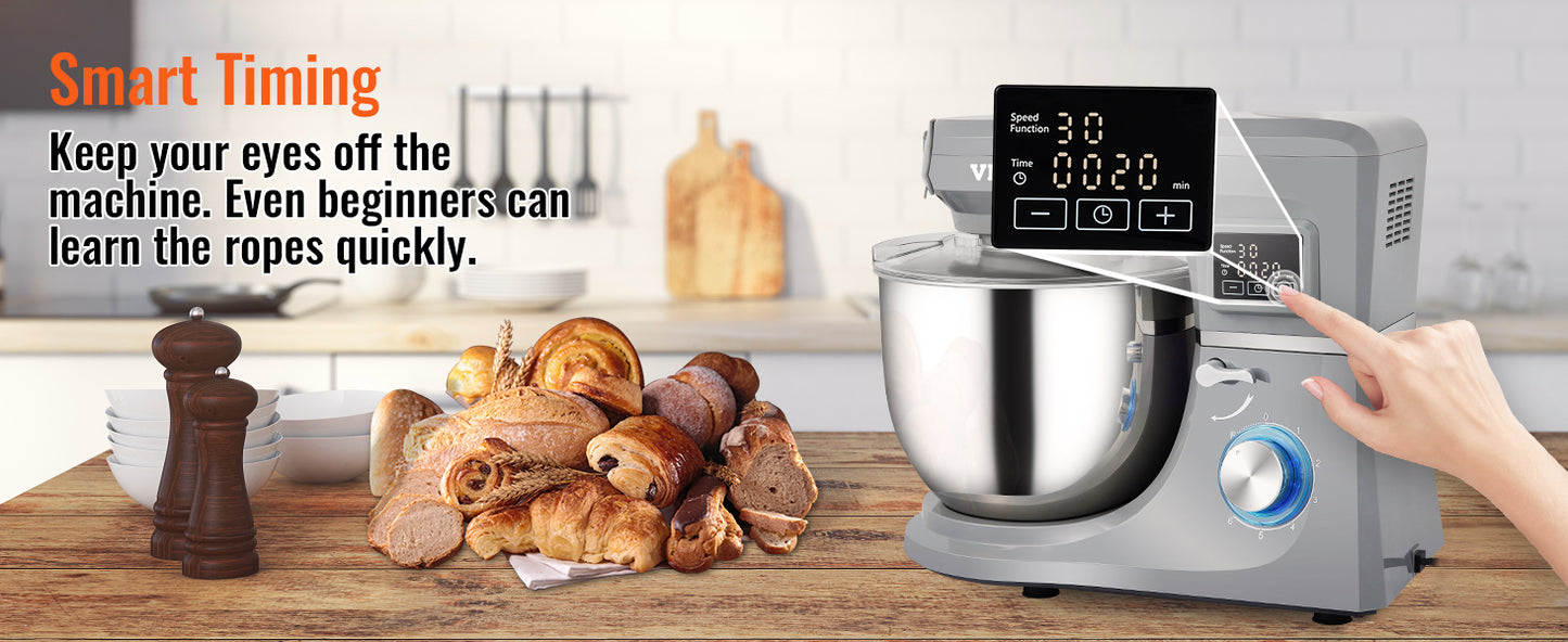 SucceBuy 5 IN 1 Stand Mixer Multifunctional Electric Mixer with 6 Speeds LCD Screen Timing 7.4 Qt Stainless Bowl Dough Hook